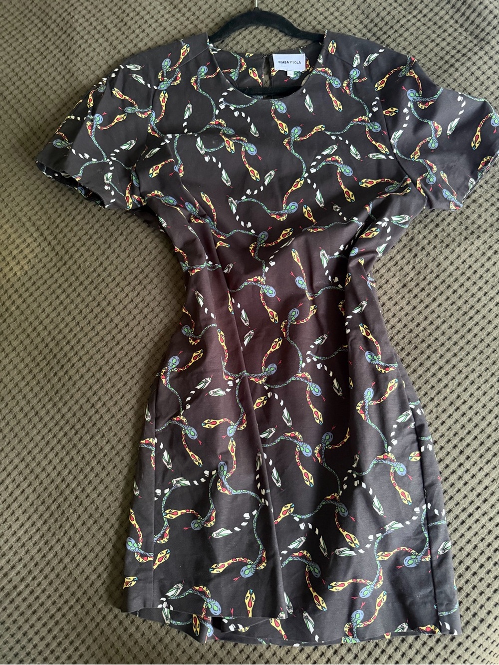 Bimba y Lola (Spanish Brand) Black Short-Sleeve Mini Dress with Snake Motif